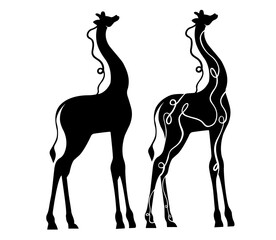 Vector giraffe standing black silhouette.Isolated on white with hand drawn lines. Animal decoration. Wildlife African mammal. Jungle 