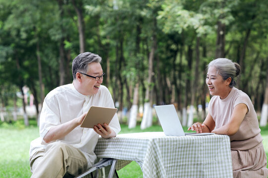 Happy old couple use computer to surf the Internet outdoors