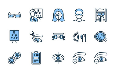 Ophthalmology flat line icon set blue color. Vector illustration vision treatment. Examination in an ophthalmological clinic. Editable strokes - obrazy, fototapety, plakaty