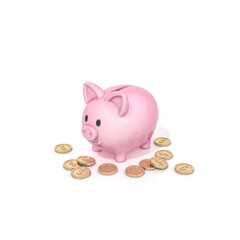 Pink piggy bank with gold coins on white background for business and financial concept 3d rendering. 3d illustration concept of save money or open a bank deposit.