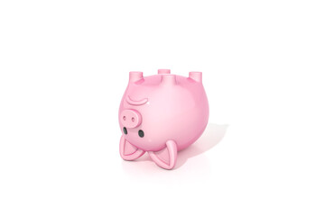 Pink piggy bank is laying on back on white background for business and financial concept 3d rendering. 3d illustration concept of save money or open a bank deposit or Investments in future.