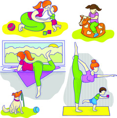 Vector set of illustrations on the theme of recreation and playing with a child.  Loving family. Mom practices yoga with her child and rests. Color and bright vector graphics.