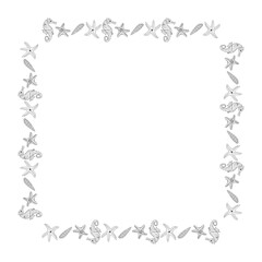 Square frame with black-and-white sea shells, seahorse and starfish on white background. Vector image.