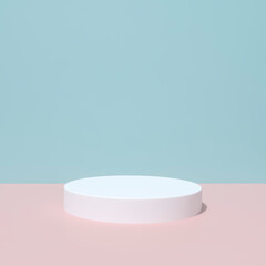White podium stage backdrop on blue and pink two tone background for product display stand or used in show other designs 3d rendering. 3d illustration template minimal beauty style concept.