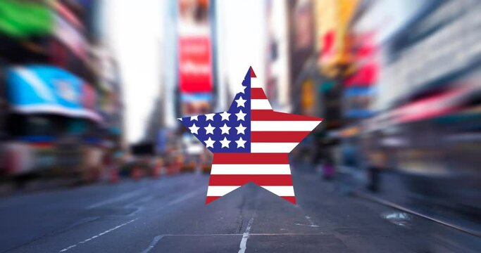 Animation of star of american flag moving over city