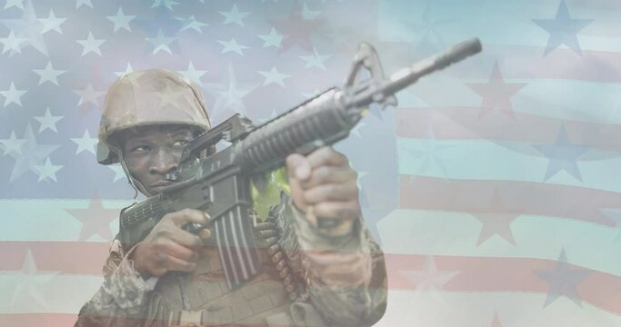 Animation of american soldier over american flag floating