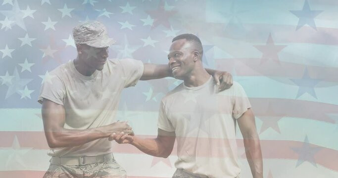 Animation of male soldier embracing smiling son over american flag