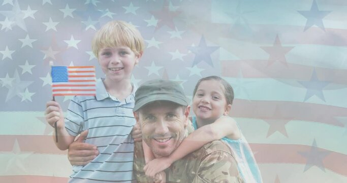 Animation of male soldier embracing smiling children over american flag