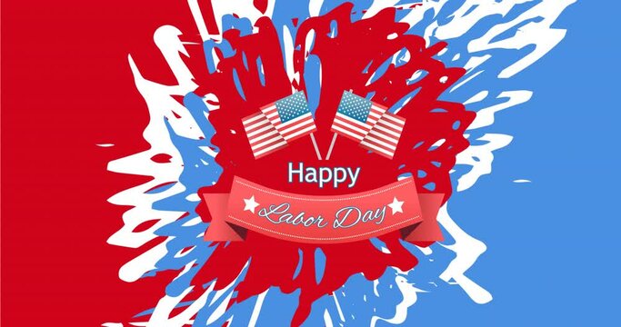 Animation of labor day text over splash of american flag