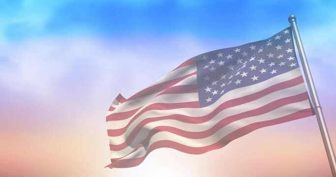 Animation of american flag over blue sky with clouds