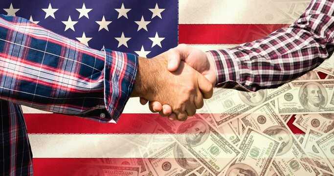 Animation of two caucasian men shaking hands over american flag and banknotes