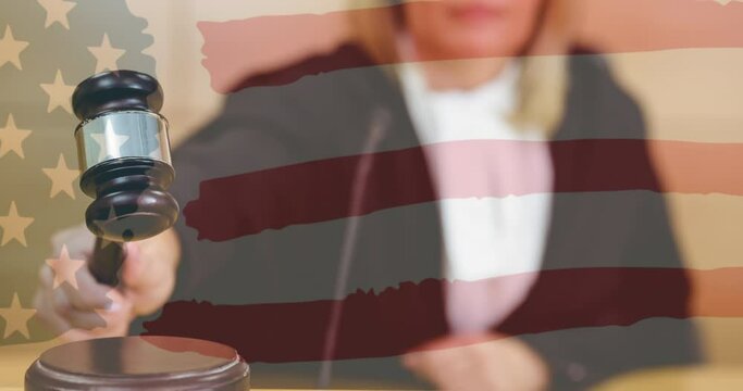 Animation of female judge during trial over american flag