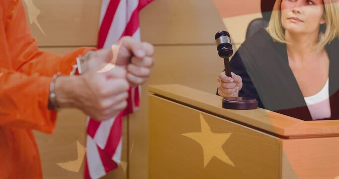 Animation of female judge and defendant during trial over american flag