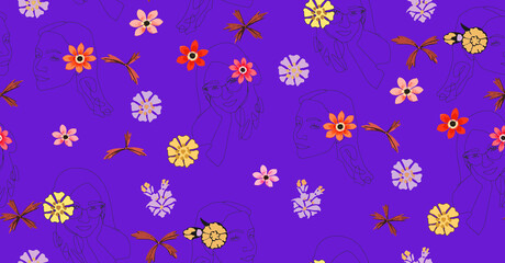 Hand Drawn Line Art Women Faces and Flowers Mix Seamless Pattern Beautiful Concept with Trendy Fashion Colors Perfect for Fabric Print