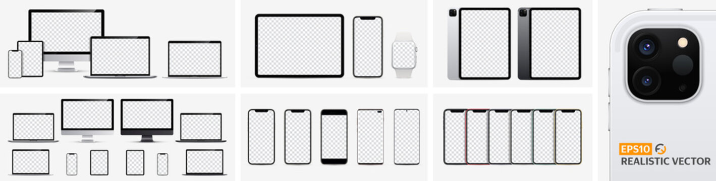 Realistic big set with high detail. Device screen mockup collection. Display, smartphone, tablet, laptop, monoblock monitor and watch silver with blank screen for you design. Vector illustration