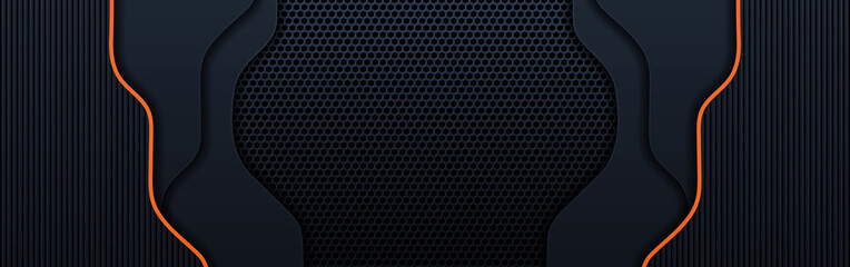 Black abstract wide horizontal banner with orange and gray lines, arrows and angles. Dark modern sporty bright futuristic abstract background. Wide vector illustration EPS10.