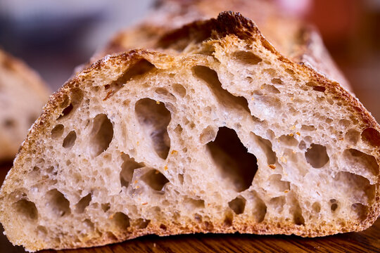 Closeup of the crumb of a piece of bread