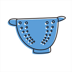 Colander icon in doodle style. Crockery or kitchen utensils., A saucepan with holes. Vector graphics. Isolated on white background.