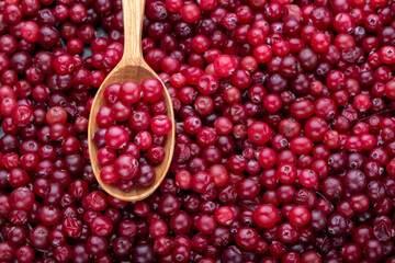 Ripe cranberries in a wooden spoon.