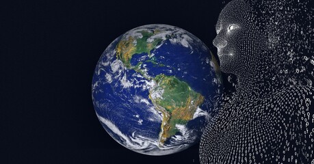 Composition of exploding human bust formed with binary coding over globe
