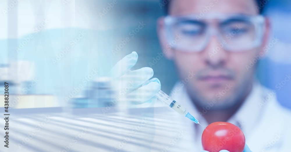 Aufkleber composition of male scientist injecting red apple using syringe with copy space