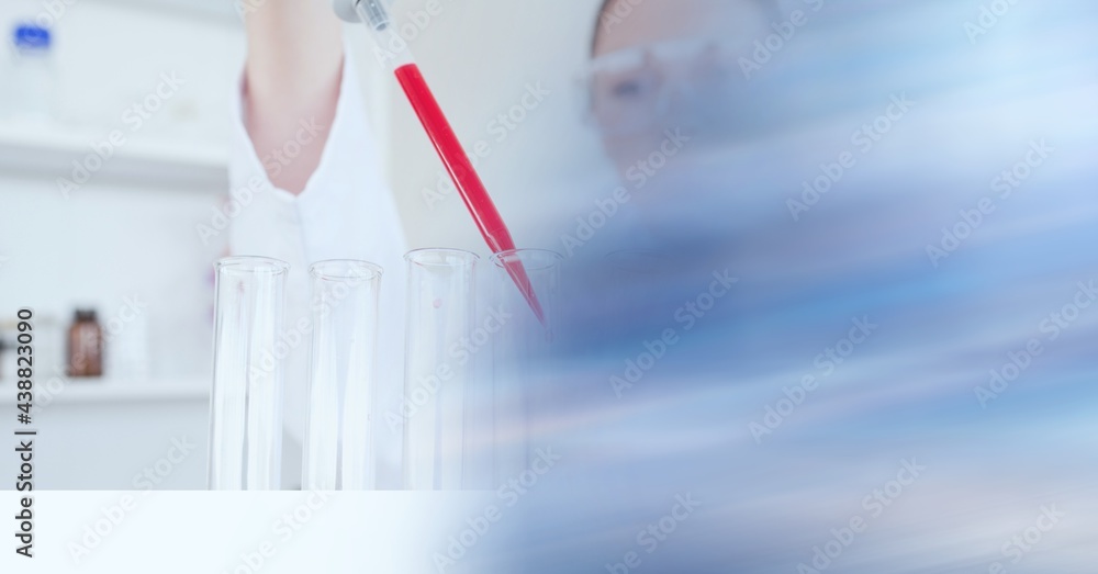 Poster Composition of female scientist holding test tube in laboratory with copy space