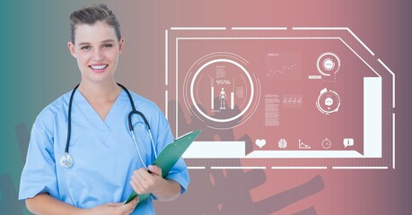 Composition of smiling female doctor with medical data processing
