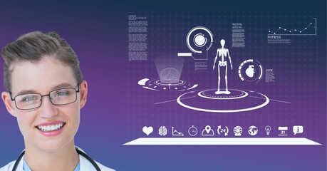 Composition of smiling female doctor with medical data processing