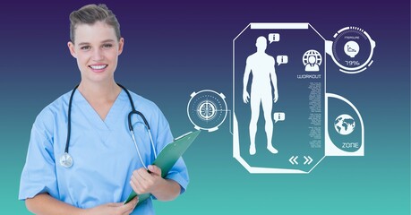 Composition of smiling female doctor with medical data processing