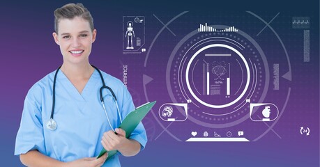 Composition of smiling female doctor with medical data processing