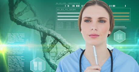 Composition of female doctor with dna strand and medical data processing