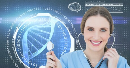 Composition of smiling female doctor holding stethoscope with dna strand and medical data processing