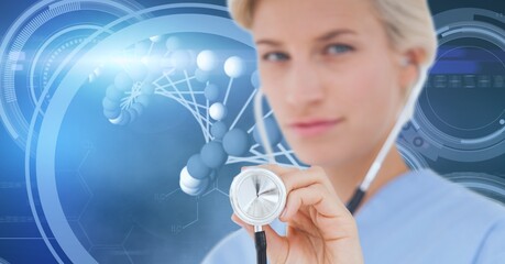 Composition of female doctor with stethoscope over dna strand and medical data processing