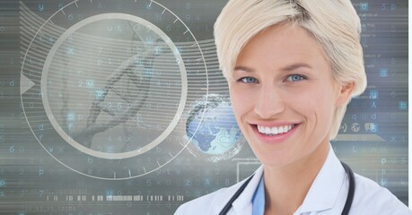 Composition of smiling female doctor with dna strand and medical data processing