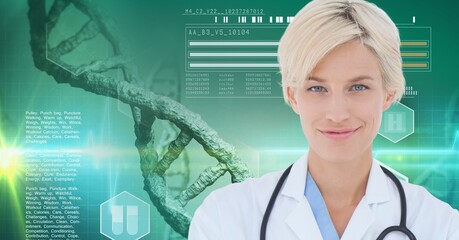 Composition of smiling female doctor over dna strand and medical data processing