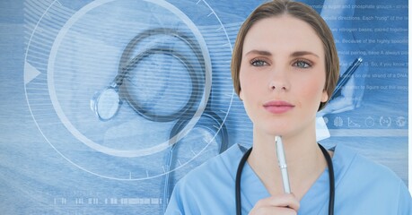 Composition of female doctor holding pen with dna strand, stethoscope and medical data processing