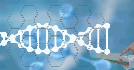 Composition of dna strand and network of hexagons over doctor using tablet