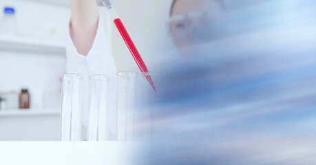 Composition of female scientist holding test tube in laboratory with copy space