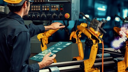 Smart industry robot arms modernization for innovative factory technology . Concept of automation...