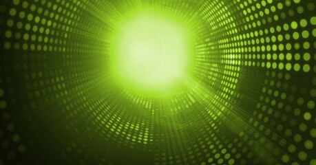 Composition of rows of green lights forming tunnel on green background