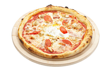Tasty hot italian carbonara pizza with ham, bechamel sauce and cheese isolated on white background. Pizzeria menu. Concept poster for Restaurants or pizzerias. Eating food.