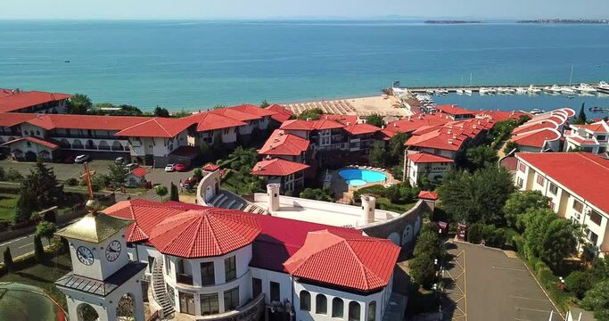 Drone view of the Orthodox Church of Saint Vlasiy in Sveti Vlas and Popular summer resort in Bulgaria