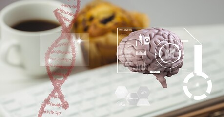 Composition of human brain and medical data processing over desk and cup of coffee