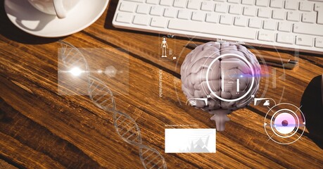 Composition of human brain and medical data processing over desk with keyboard and cup