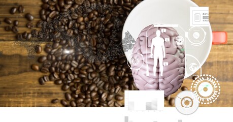 Composition of human brain and medical data processing over desk with coffee beans and cup