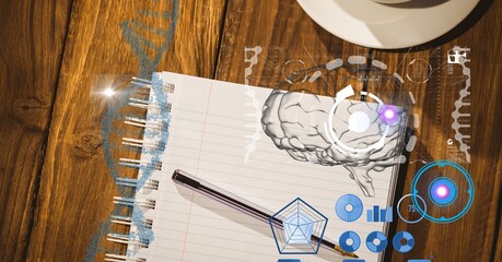 Composition of human brain and medical data processing over desk with notebook