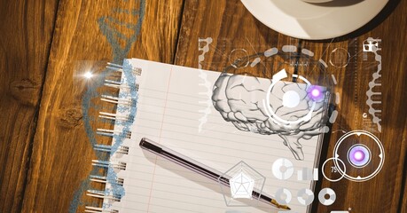 Composition of human brain and medical data processing over desk with notebook