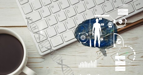 Composition of human brain and medical data processing over desk with keyboard and cup