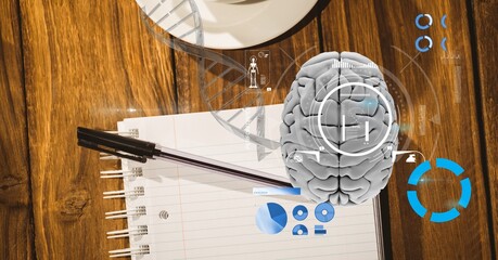 Composition of human brain and medical data processing over desk with notebook