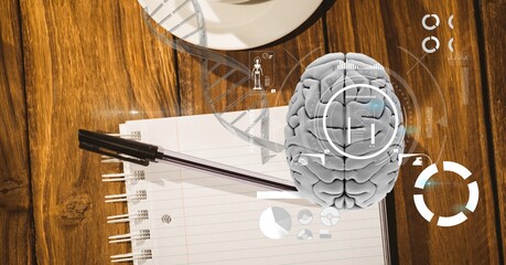 Composition of human brain and medical data processing over desk with notebook